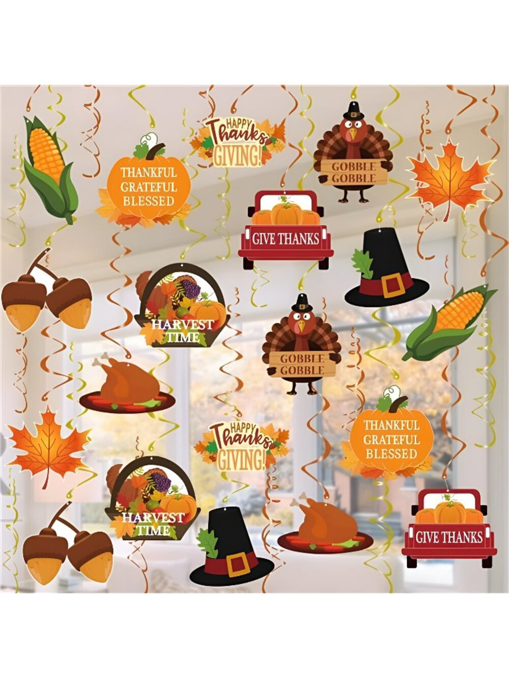 34 Pcs Fall Thanksgiving Hanging Swirls Ceiling Decor - Fall Maple Acorn Pumpkin